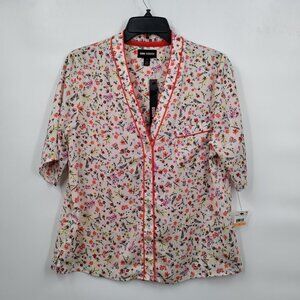 New Room Service V-Neck Button Down Floral Blouse Top Size Small Women Red